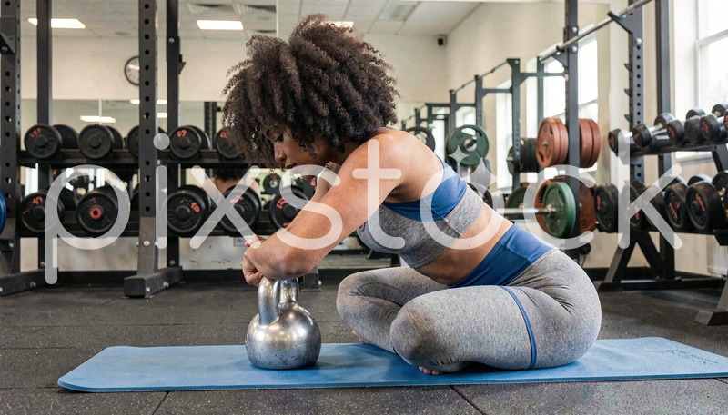 Woman with Afro Training with Kettlebell