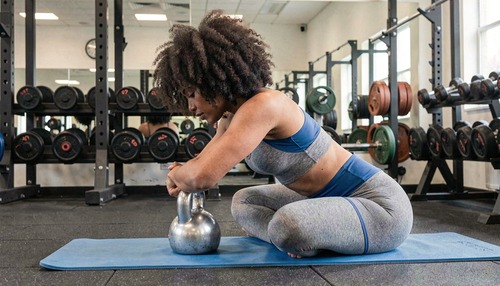 Woman with Afro Training with Kettlebell