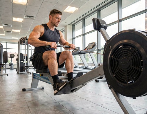 Muscular Man Rowing in Gym