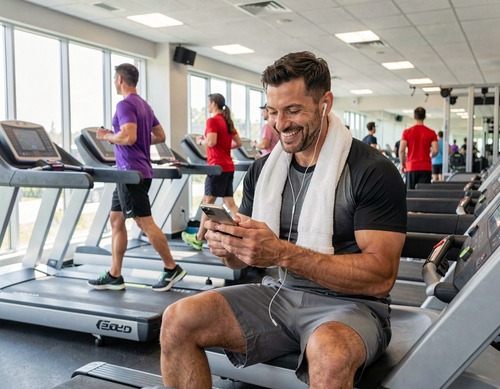 Man Using Phone on Treadmill