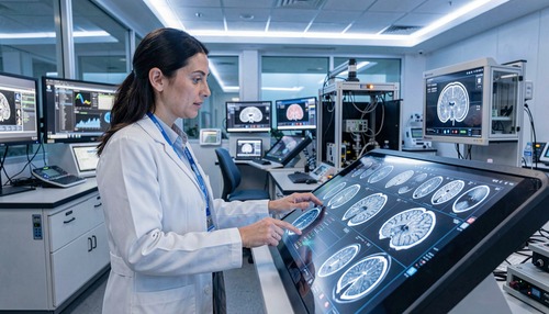 Scientist Analyzing Data on Touchscreen
