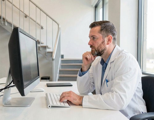Doctor Thinking at Computer