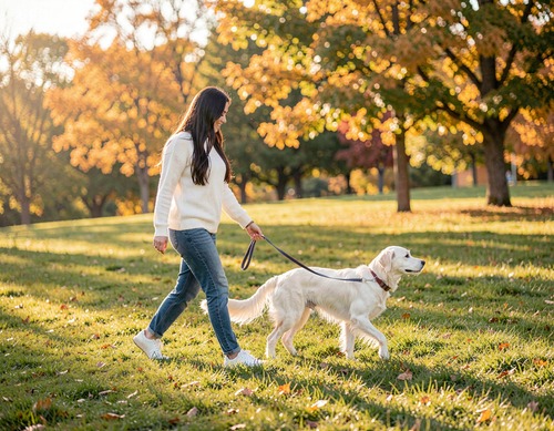 Woman Walking Dog in Park