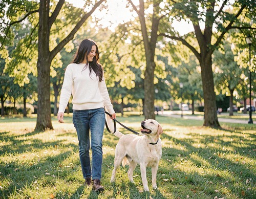 Woman Walking Dog in Park