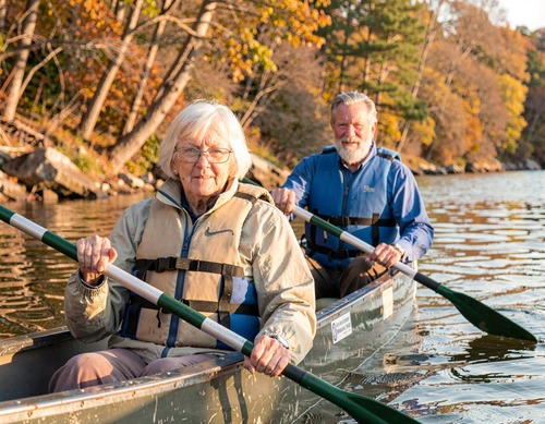 Elderly Couple Canoeing by River