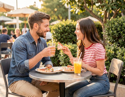 Happy Couple Enjoying Pizza and Drinks