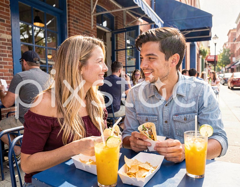 Couple Enjoying Tacos at Outdoor Cafe