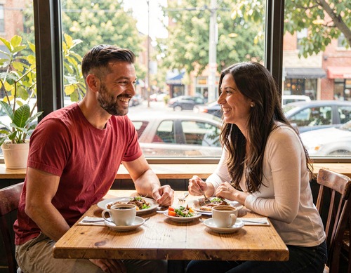 Happy Couple Sharing Meal at Café