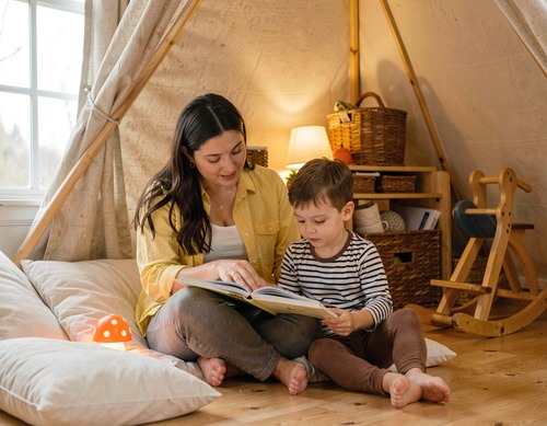 Mother and Child Reading Book in Tent
