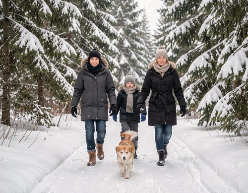 Family Winter Walk in Snowy Forest