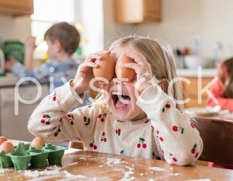 Child Playing with Eggs in Kitchen