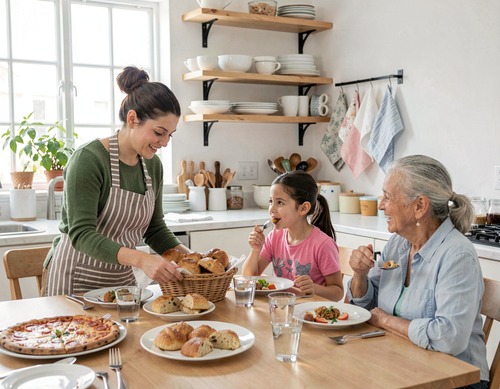 Family Mealtime in Modern Kitchen