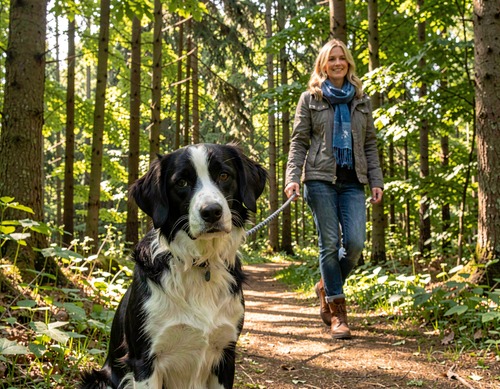 Dog and Woman Walking in Forest