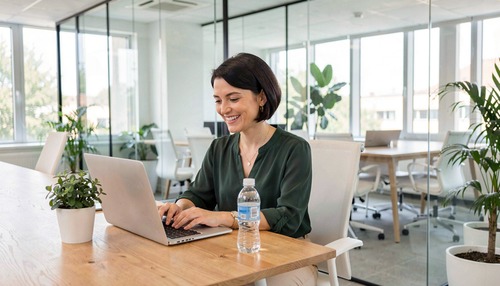 Businesswoman Working on Laptop in Modern Office