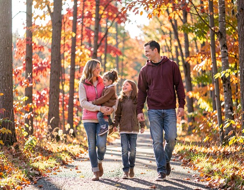 Family Autumn Walk in Forest