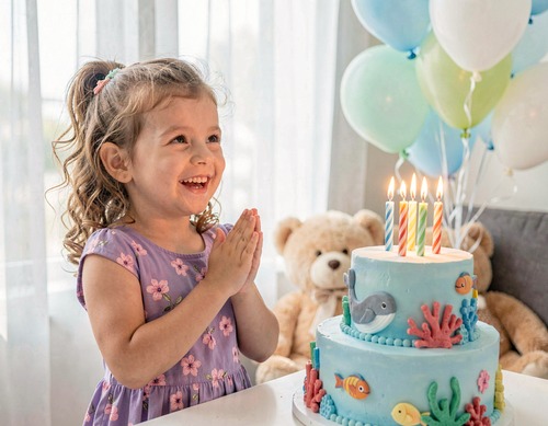 Happy Birthday Girl with Cake and Balloons