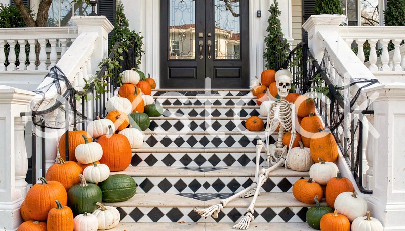 Halloween Porch with Pumpkins and Skeleton