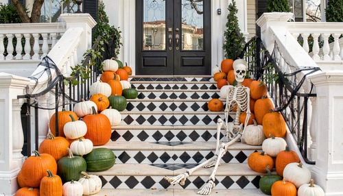 Halloween Porch with Pumpkins and Skeleton