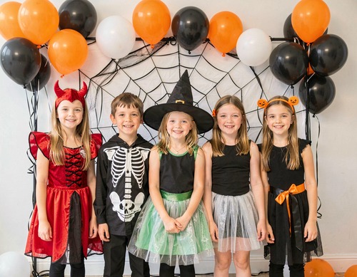 Kids in Halloween Costumes Celebrating