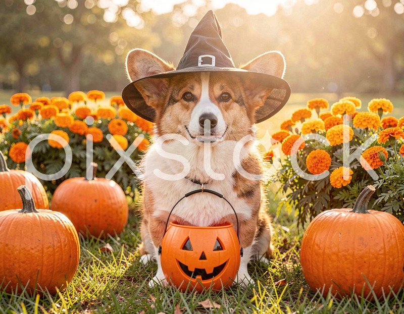 Halloween Dog with Witch Hat and Pumpkin Bucket