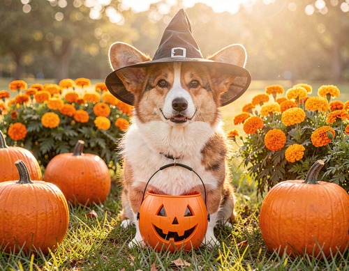 Halloween Dog with Witch Hat and Pumpkin Bucket