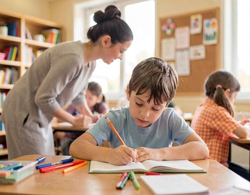 Child Writing in Classroom
