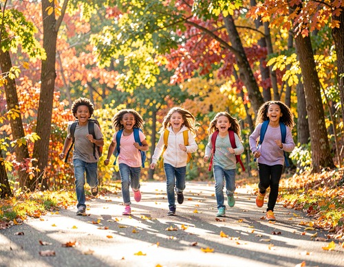 Happy Children Running on Autumn Path