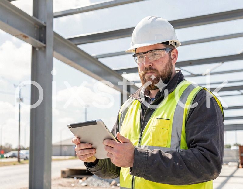 Construction Worker Using Tablet at Site