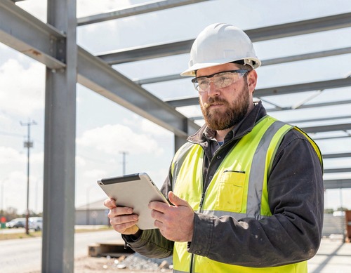 Construction Worker Using Tablet at Site