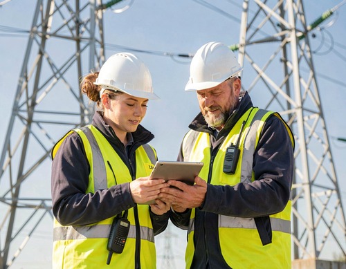 Engineers Reviewing Tablet at Power Line Site