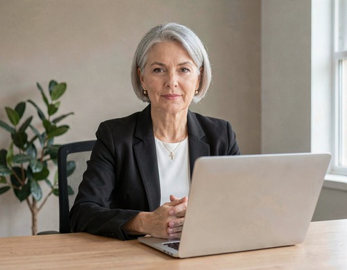 Confident Businesswoman at Desk with Laptop