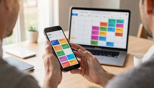 Calendar App on Smartphone with Laptop Background