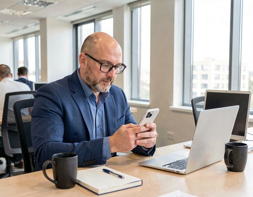 Businessman Using Smartphone by Office Window