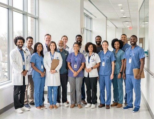 Healthcare Team in Hospital Corridor