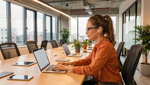 Businesswoman Working on Laptop in Modern Office