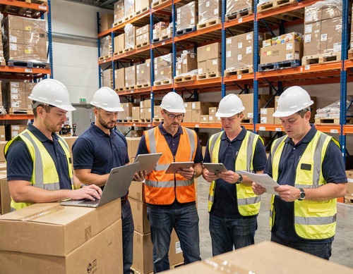 Warehouse Team Meeting in Logistics Center