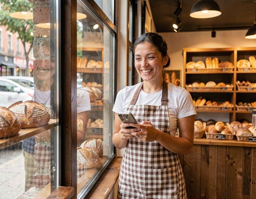 Bakery Worker with Phone by Window