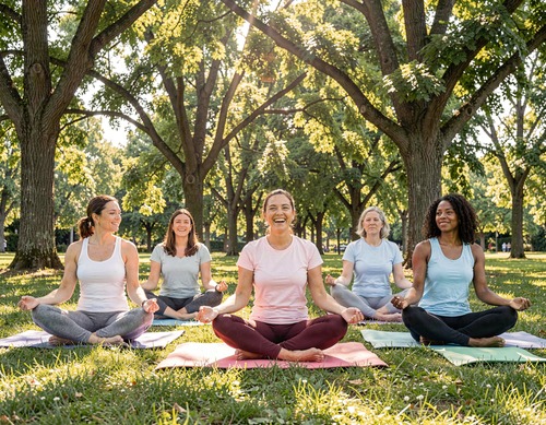 Women Practicing Yoga in Park