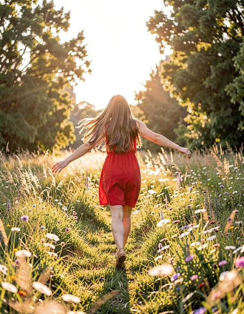 Woman Running in Sunlit Field