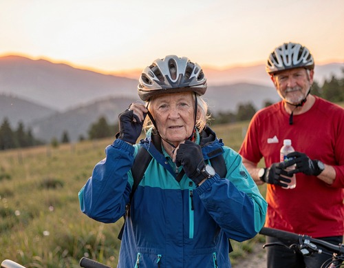 Elderly Cyclists Enjoying Sunset Ride