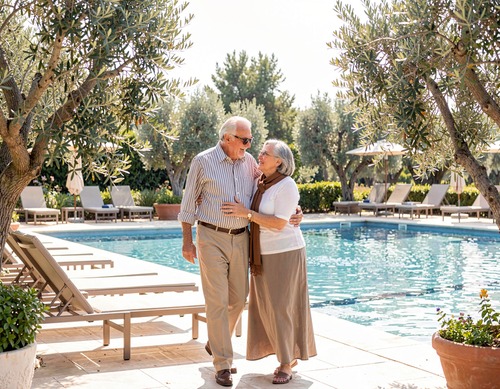 Elderly Couple by Poolside Olive Grove