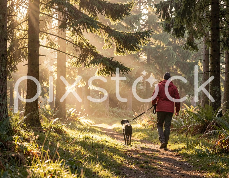 Sunlit Forest Walk with Dog