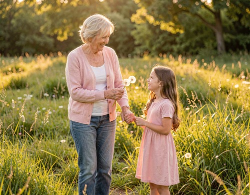 Grandmother and Granddaughter in Field