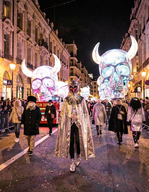 Nighttime Parade with Skull Costumes