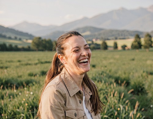 Woman Laughing in Mountain Field
