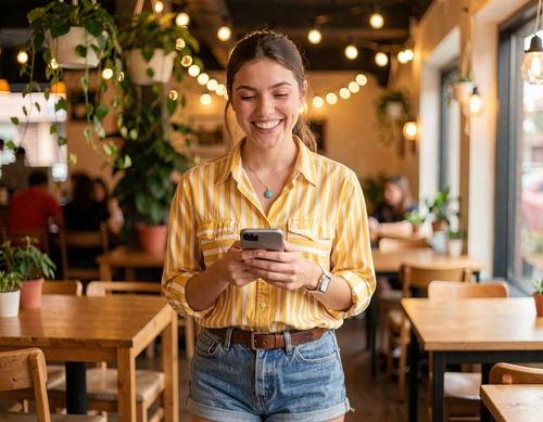 Happy Woman in Café with Phone