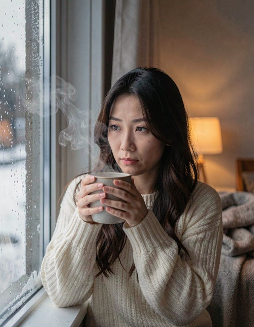 Asian Woman Warming Hands Around Mug