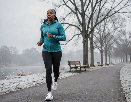Black Woman Jogging on Misty Park Path