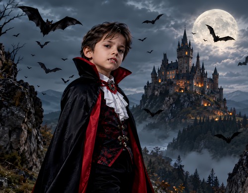 Boy in Vampire Cape before Gothic Castle