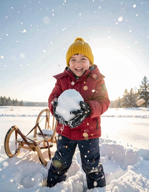 Boy Sledging in Backlit Snowy Meadow